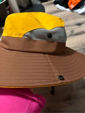 Unbranded Yellow & Brown Wide Brim Sun Hat with Mesh Vent and ponytail opening